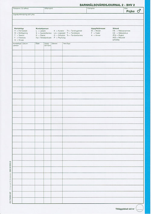 Bok: Barnhälsovårdsjournal 2 pojke, tilläggsblad